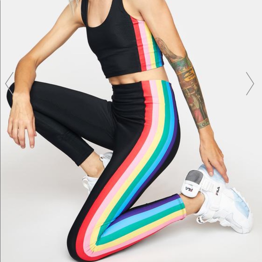 High-Waist Black Leggings with Rainbow Side Stripes